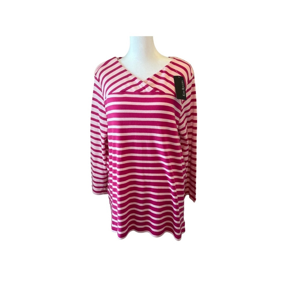 NWT Kim Rogers Stripes Fuchsia dark and Light pink and white Women blouse
